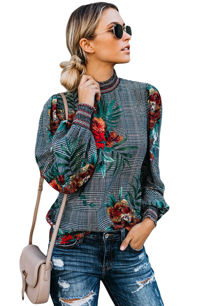 Gray-Plaid-Tropical-Print-Smocked-Long-Sleeve-Blouse-LC251632-11-1
