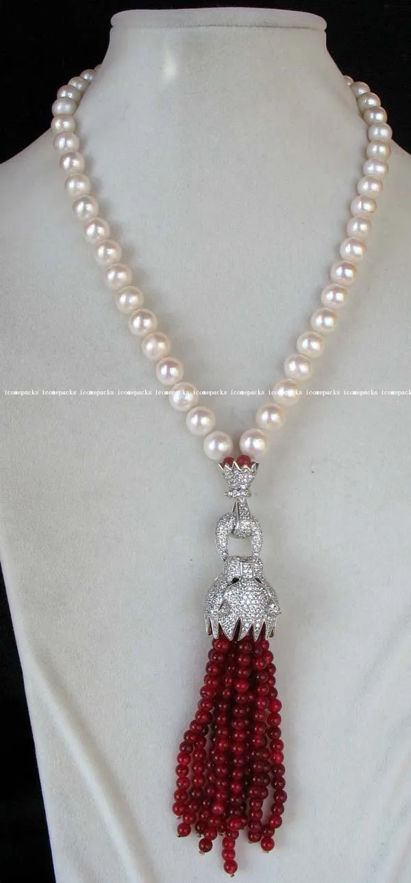 

FREE SHIPPING>>>@@ > wholesale 9-10mmwhite round freshwater pearl and agate leopard clasp 4mm red pearl necklace 18