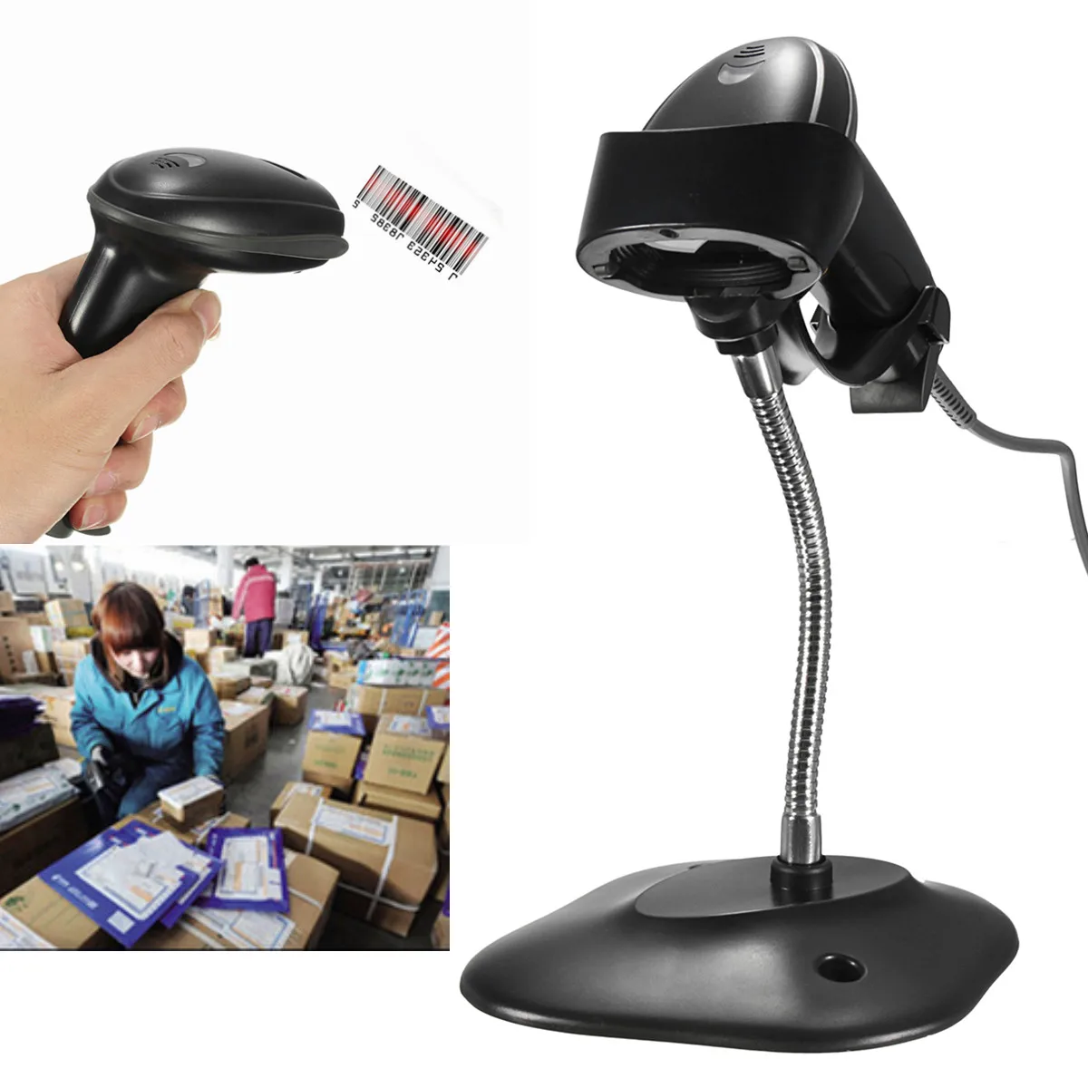 

Automatic Barcode Scanner USB Laser Bar Code Scan Reader With Stand Handheld POS High Quality