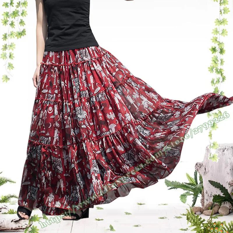 Летняя ретро винтажная пасторальная Цыганская Бохо Цветочная шифоновая плиссированная Женская юбка/пляжные праздничные Богемские юбки макси для женщин