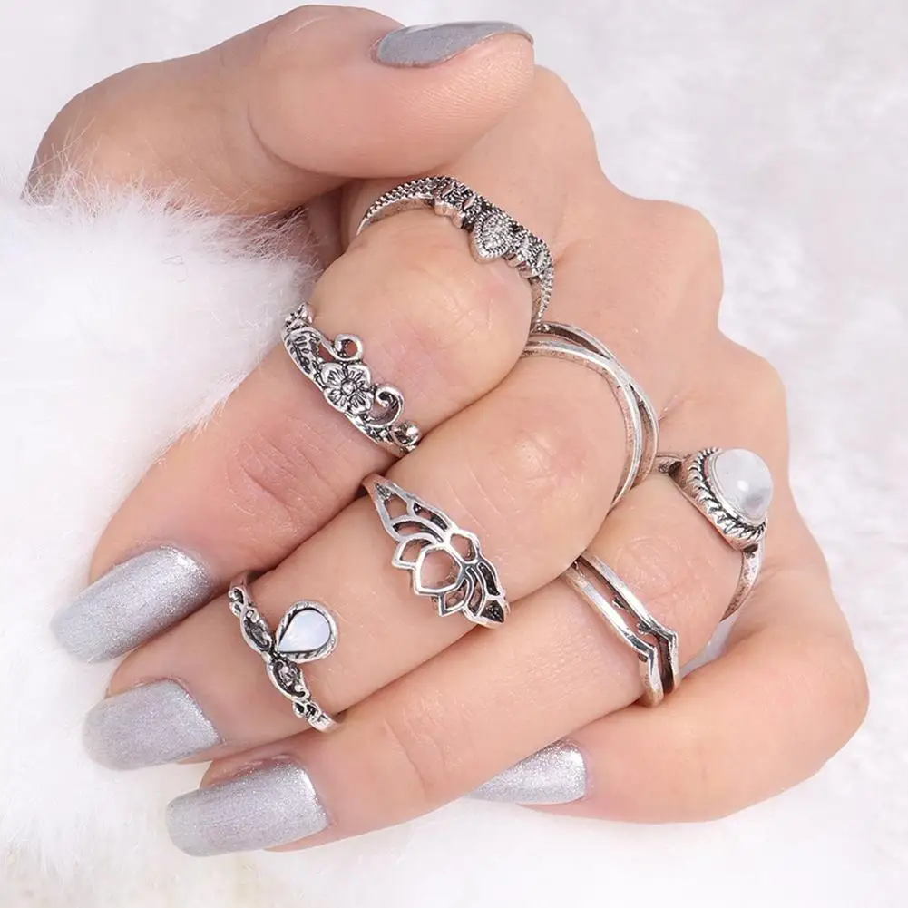 

7 Pcs Vintage Women Hollow Carving Lotus Flower Waterdrop Knuckle Midi Rings Set Knuckle Ring Rings for Women Jewelry Party