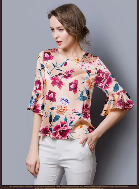Шелковая атласная рубашка женская летняя рубашка шелковая ткань тутового шелкопряда с цветочным рисунком китайский поставщик шелка - Цвет: 01