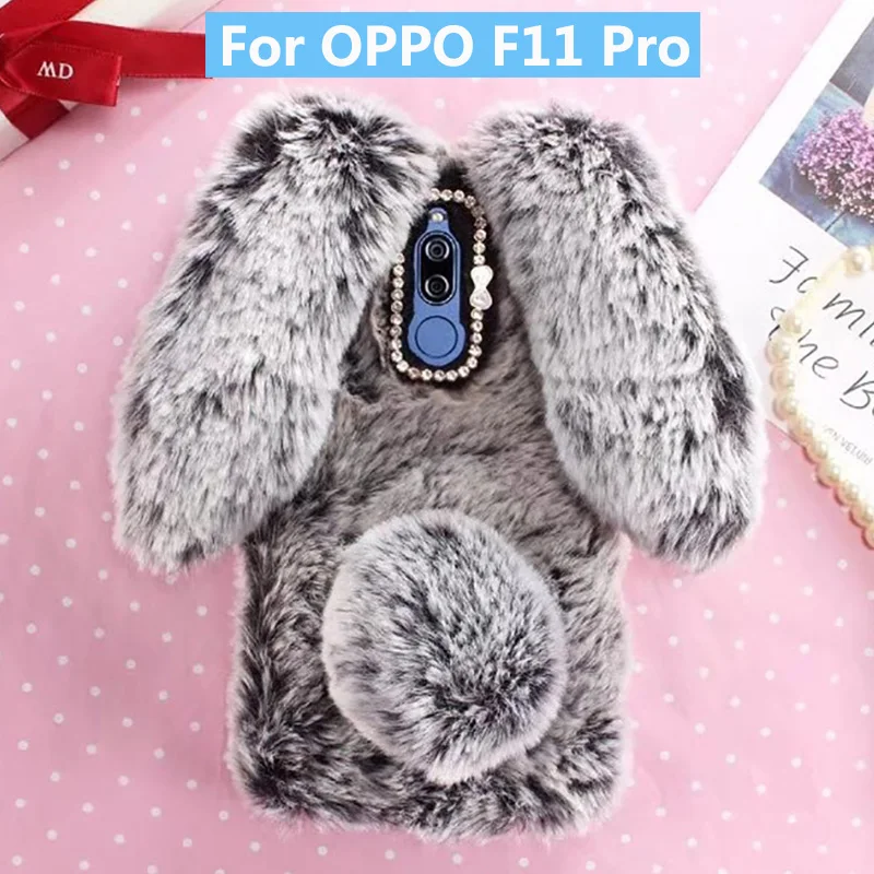 Плюшевый чехол в виде кролика для OPPO F11 Pro мягкий меховой милый 3D с кроличьими