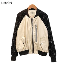 LXUNYI с крупными блестками курточка бомбер для женщин искусственная из искусственной кожи лоскутное пальто карманы на молнии свободные женские s черный золотой