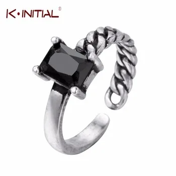 Kinitial 1Pcs 925 Sterling Silver Square Black CZ Open Rings Twist Ring For Women Men Punk Style Fashion Jewelry