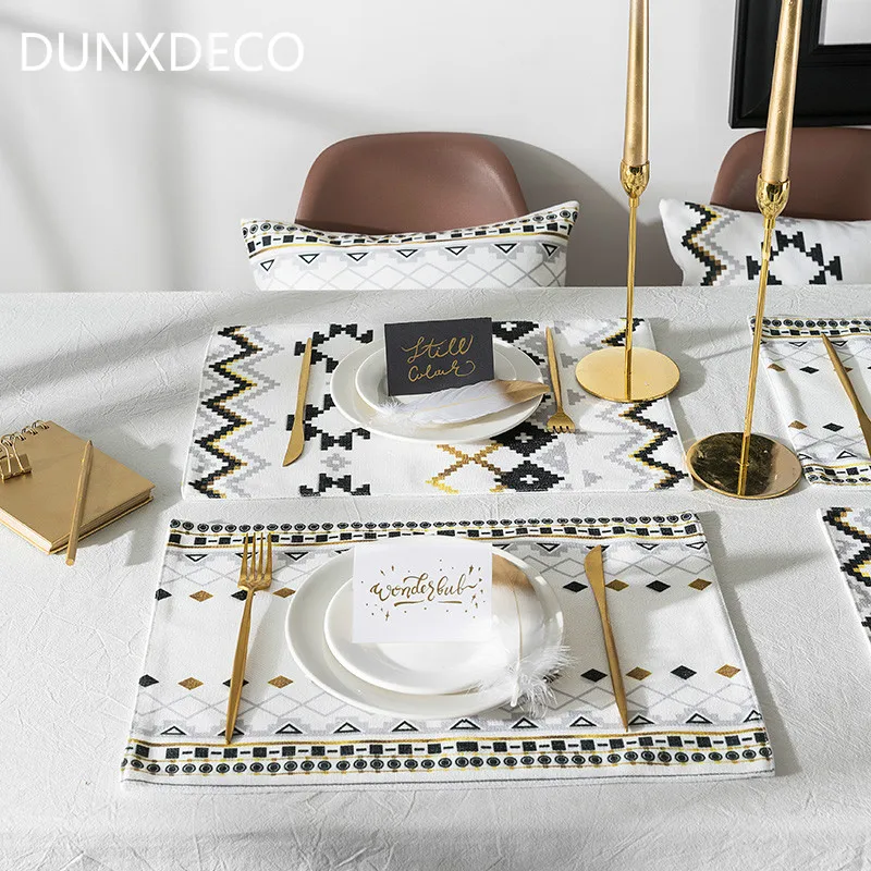 

DUNXDECO Table Placemat Party Dinner Plate Mat Fresh Black Yellow Love Words Print Simple Geometric Design Modern Warm Home Deco