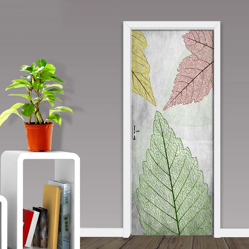 DIY дверная Наклейка ПВХ водостойкая самоклеящаяся свежие цветные листья текстура обои плакат Гостиная Дверь Декор фрески наклейки