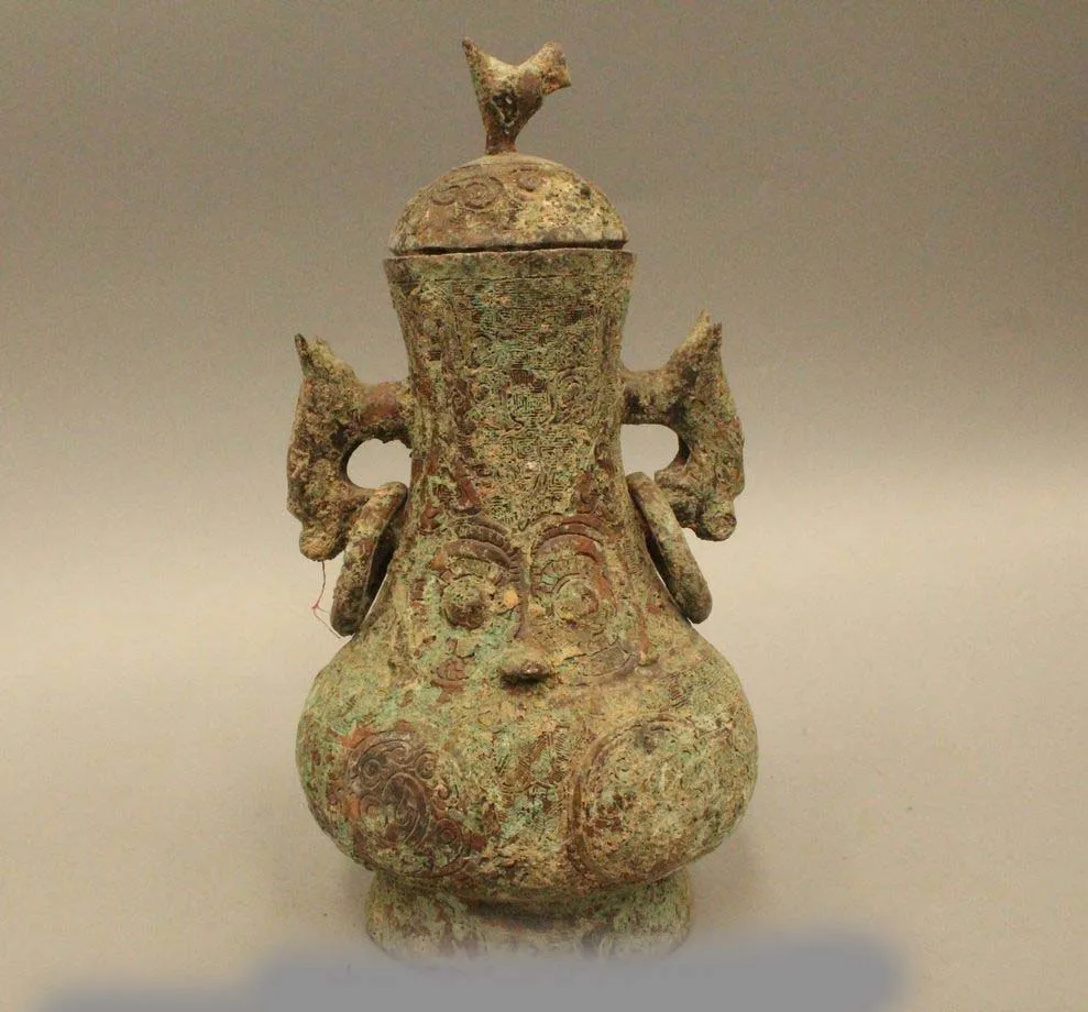 

11" Old China Chinese Dynasty Palace Bronze Beast Handle Vase Pot Jar Crock