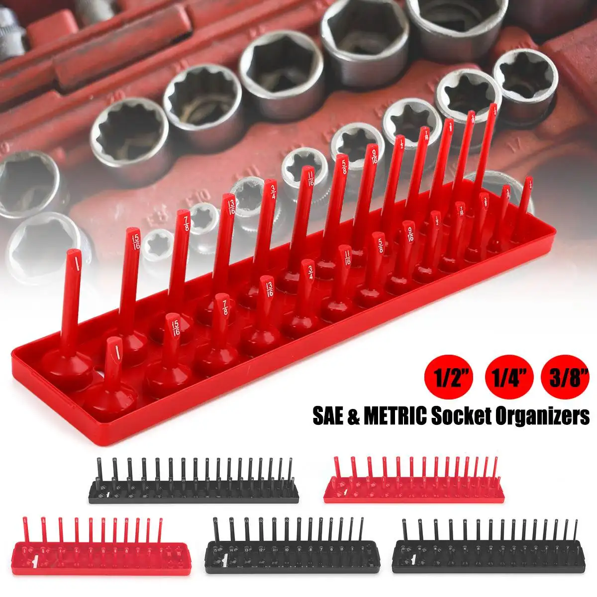 

6Psc Plastic 1/4" 3/8" 1/2" SAE & Metric Socket Rail Trays Shelf 172-Slot Organizers Kit for Garage and Workshop Use Black Red