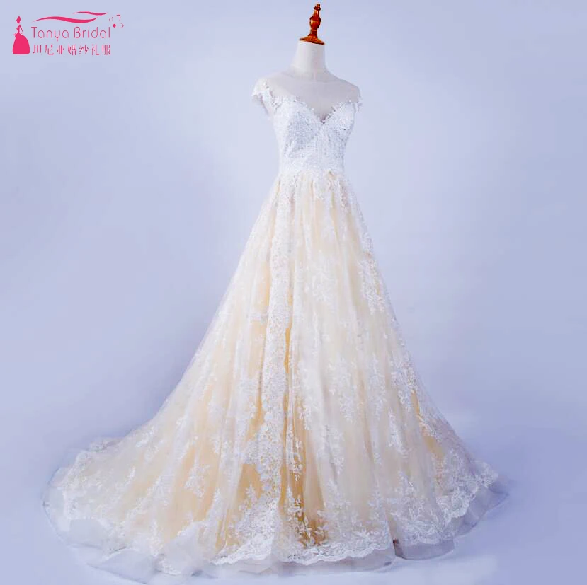 Buy Blush Champagne Lace Aline Wedding Dresses Sheer