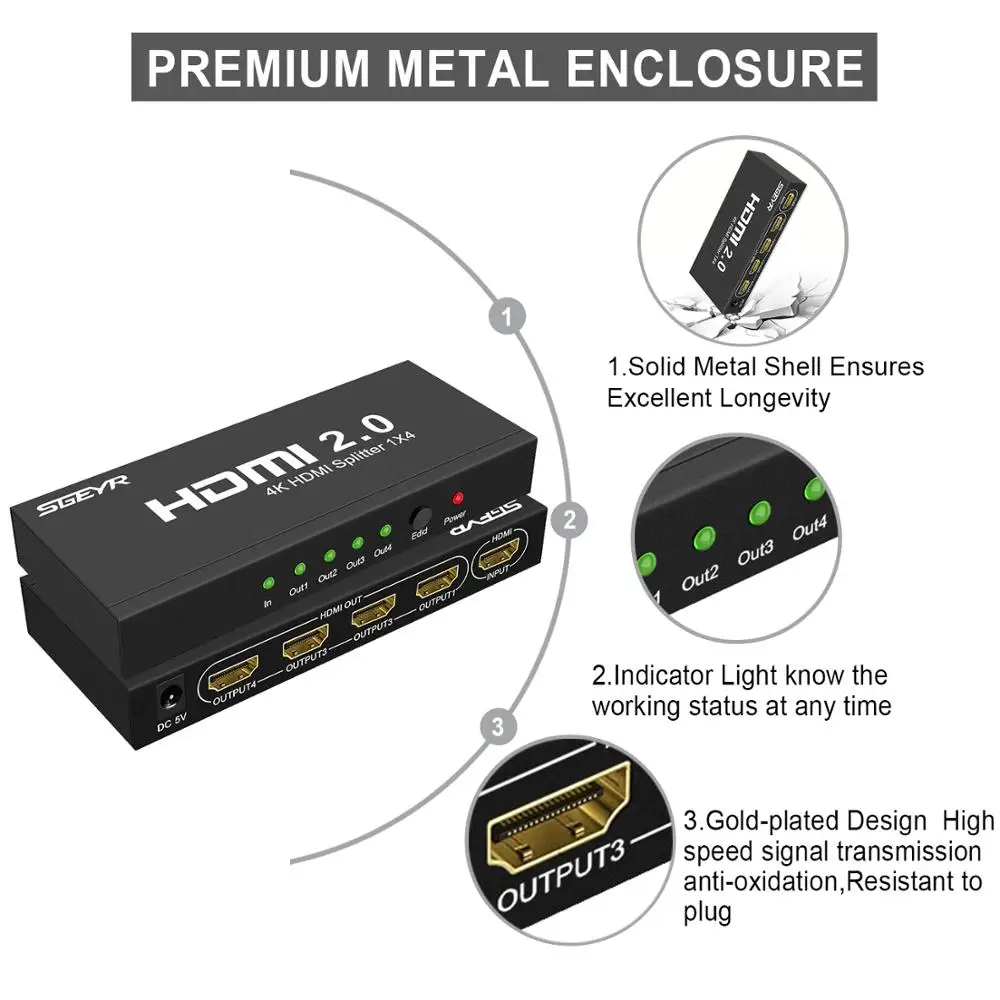 Разветвитель SGEYR 4K 60 Гц HDR 1x4 4 порта HDMI 2 0 поддерживает @ HDCP 1 4/2 3D для PS3 PS4 PRO/Xbox/Roku/Apple