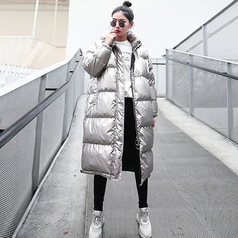 Long Silver Jackets Women Parka Winter Warm Outerwear Fashion Bright Cotton Coat Ladies Winter Loose Down Jacket Thick T399