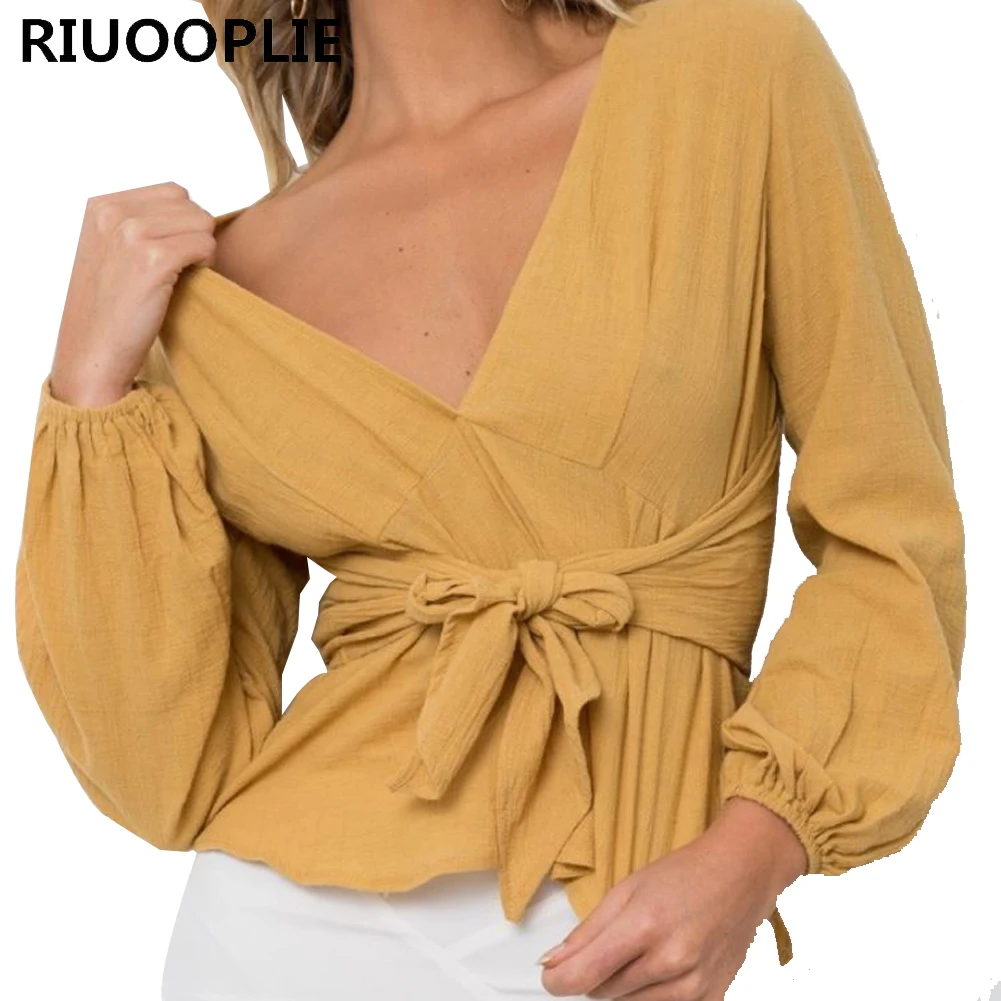 Riuooplie Wrap V Neck Blouse Women Shirts Spring Fashion Lantern Long Sleeve Blouses Blouses