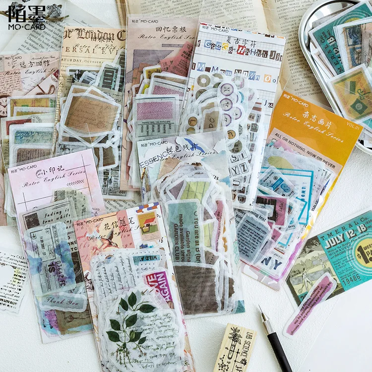 

60pcs/pack Vintage English/Old Newspaper/Character/Memories Ticket Root/Seal/Magazine/Vintage Flower Letter Decorative Sticker