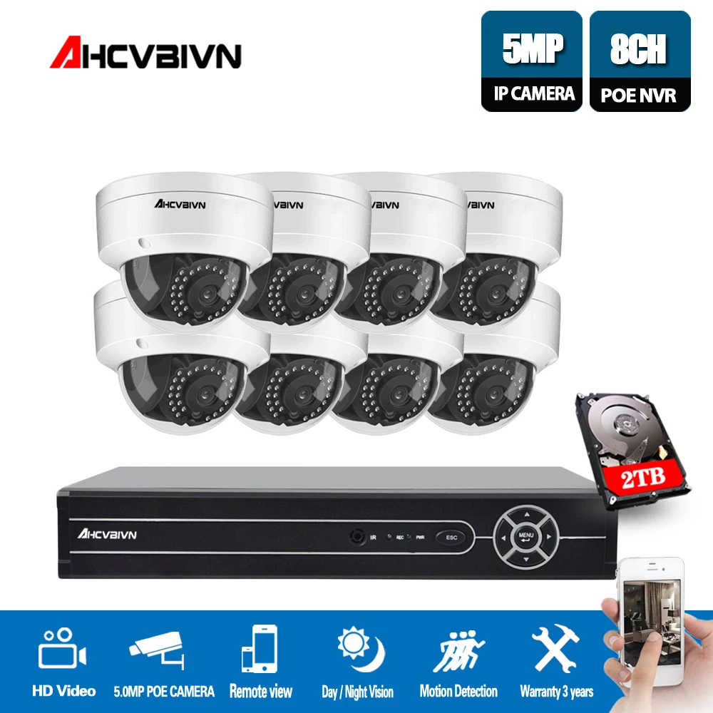 

AHCVBIVN 8CH POE CCTV Security System 5MP HD NVR Outdoor Dome POE IP Camera IR Night Vision P2P Video Surveillance Kit With HDD