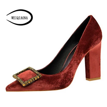 

WEIQIAONA Fashion rough with High heels four season Women Pumps crystal square buckle shallow ladies working shoes dress shoes