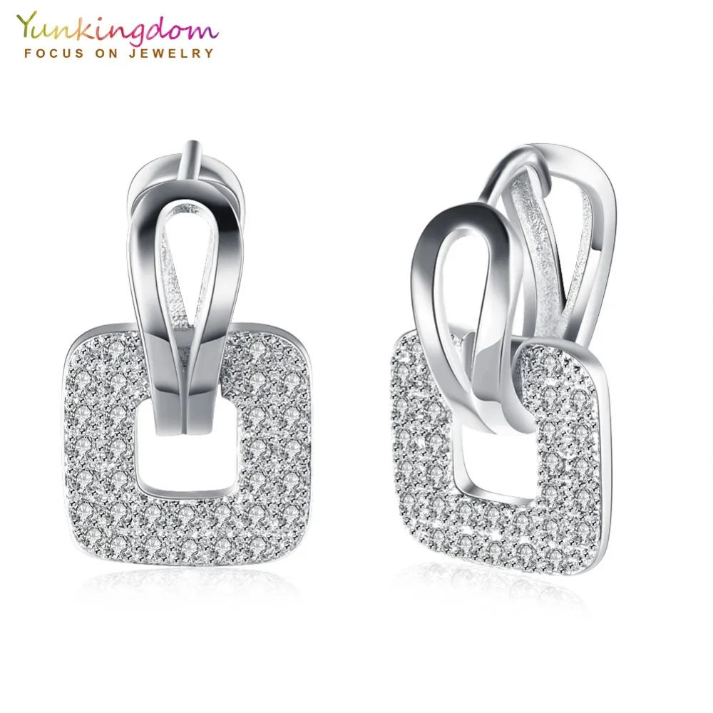 

Yunkingdom Geometric Square Silver Color Hoop Earrings for Womens and Girls White Cubic Zirconia Fashion Brand Jewelry