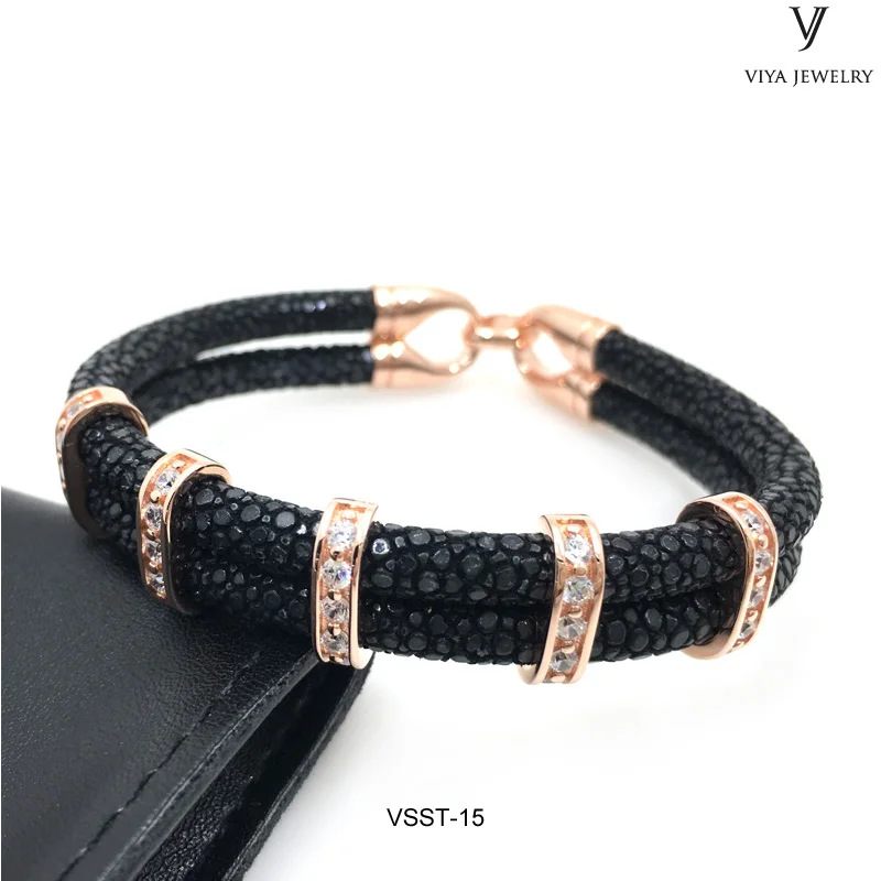 VSST-15 Genuine black stingray leather bracelet with rose gold clasp ,real silver bracelet for man (1)