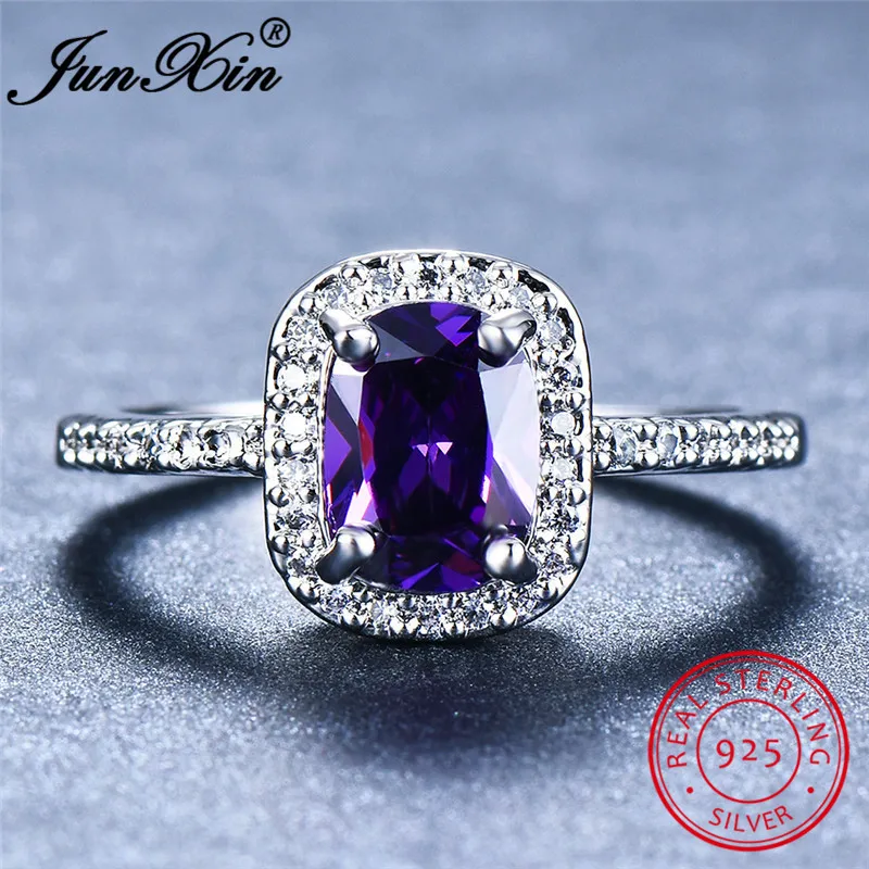 JUNXIN 100% Real s925 Sterling Silver Square Rings For Women Purple Green White Blue Zircon Rainbow Birthstone Ring Wedding Gift