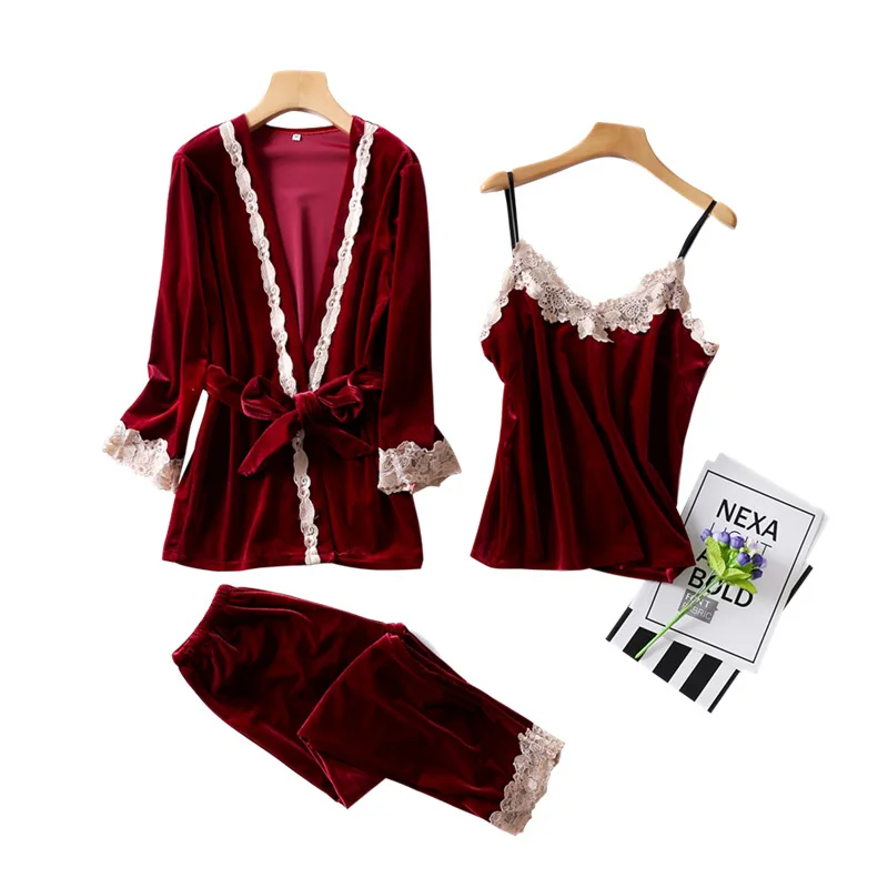 

Winter Warm Pajamas Sets Women Sleepwear Suit Gold Velvet Sexy Homewear Pajama Woman Pajamas Long Pant Set Robe Three Piece Suit