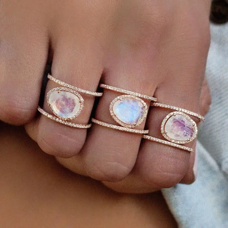 Fashion Jewelry Exquisite Ring Women Moonstone Rose Gold Engagement Ring For Party Wedding