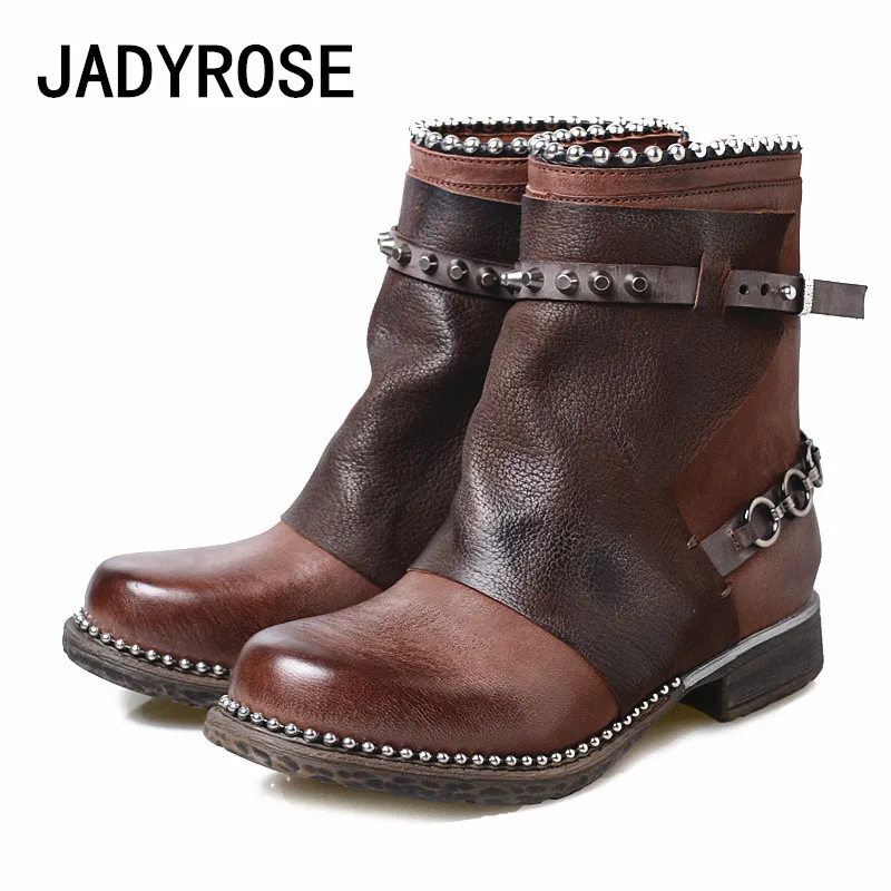 Brown Real Leather Women Short Boots Studded Punk Autumn Flats Bottine