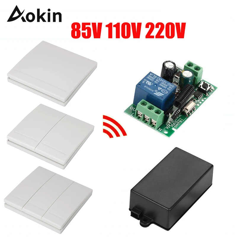 

433MHz Wireless Wall Panel RF Button Transmitter Remote Control Switch Receiver AC 85V 110V 220V 1CH 1 Channel Bedroom Lights