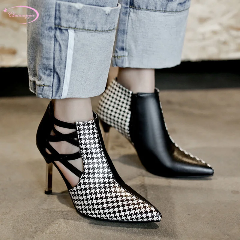 

European casual style sexy pointed toe summer boots sandals fashion plaid color matching zipper high heels women's shoes