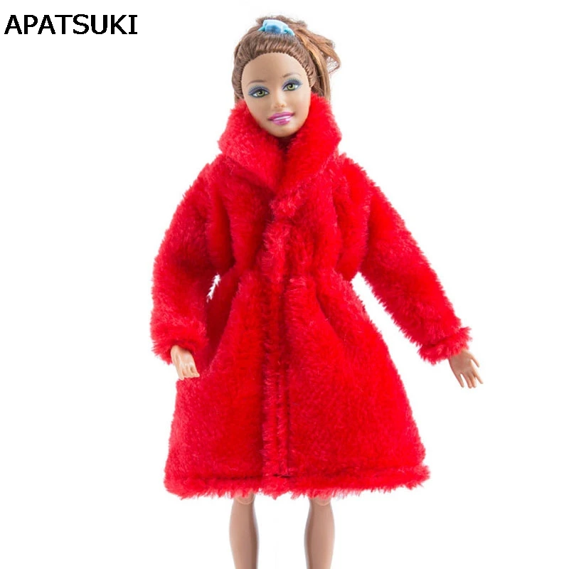 Red Winter Wear Warm Coat For Barbie Dolls Fur Doll Clothing Doll Dress