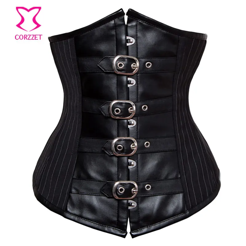

Black Pinstripe Cotton and Leather Sexy Cupless Corset Steampunk Gothic Corselete Feminino Espartilhos Punk Corsets and Bustiers