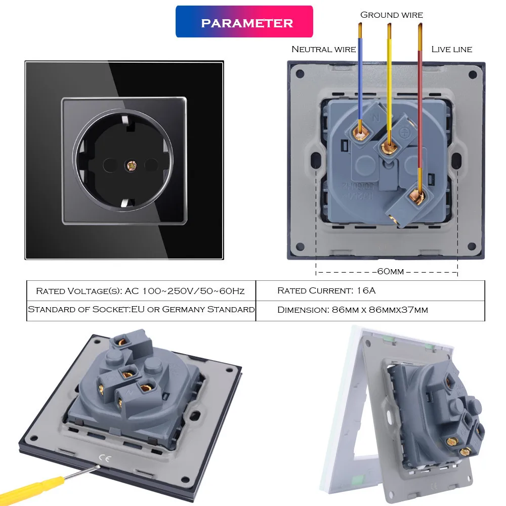 SMATRUL Европейская стандартная настенная розетка с заземлением, AC 110~ 250V 16A электрическая розетка, кристальная стеклянная панель