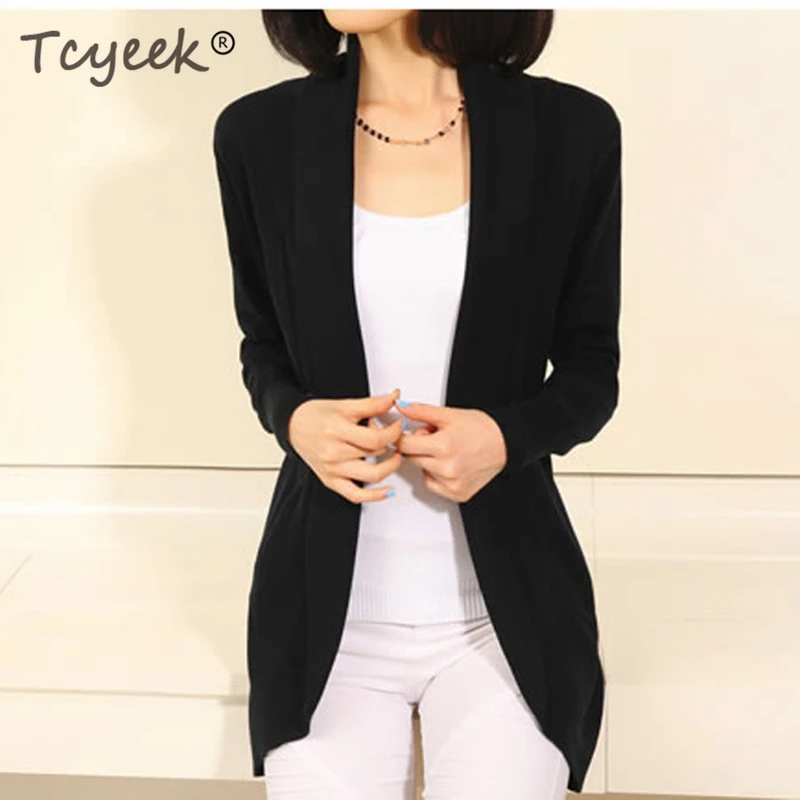 

Tcyeek Autumn Ladies Cardigan Korean Knitted Sweater Women 2019 Spring Elegant Long Coat Female Sweaters Black Cardigans LW676