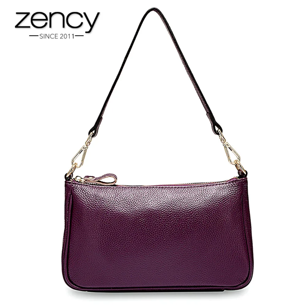 Bolsa de Ombro Zency Elegante Roxo Mulher Couro Genuíno Preto Hobos Moda Senhora Mensageiro Crossbody Bolsa Pequena 100%