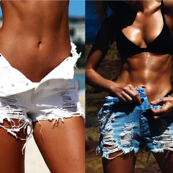 

Fashion Summer Women Ripped Denim Shorts Women Sexy hole Mid Wasit short jeans 2017 White Blue Pocket Beach Women Short