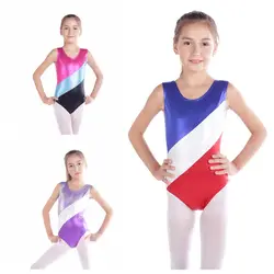 Девушки Одежда для гимнастики без рукавов радий сочетающихся цветов облегающий костюм Новые Детские балетные костюмы гимнастика, танцы