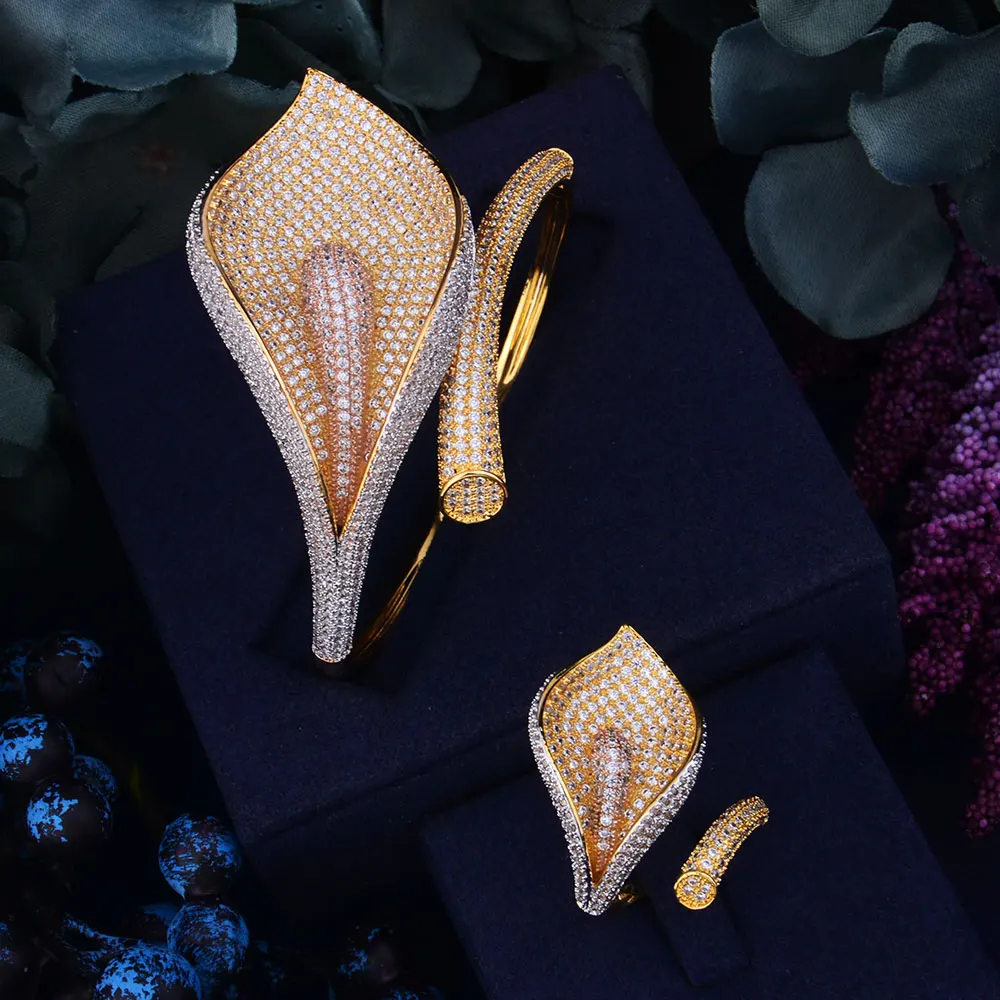 

GODKI Lily Flowers Luxury Sparkling Full AAA Cubic Zirconia Geometry Design Women Bracelet Bangle Ring Set Dress Jewelry Sets