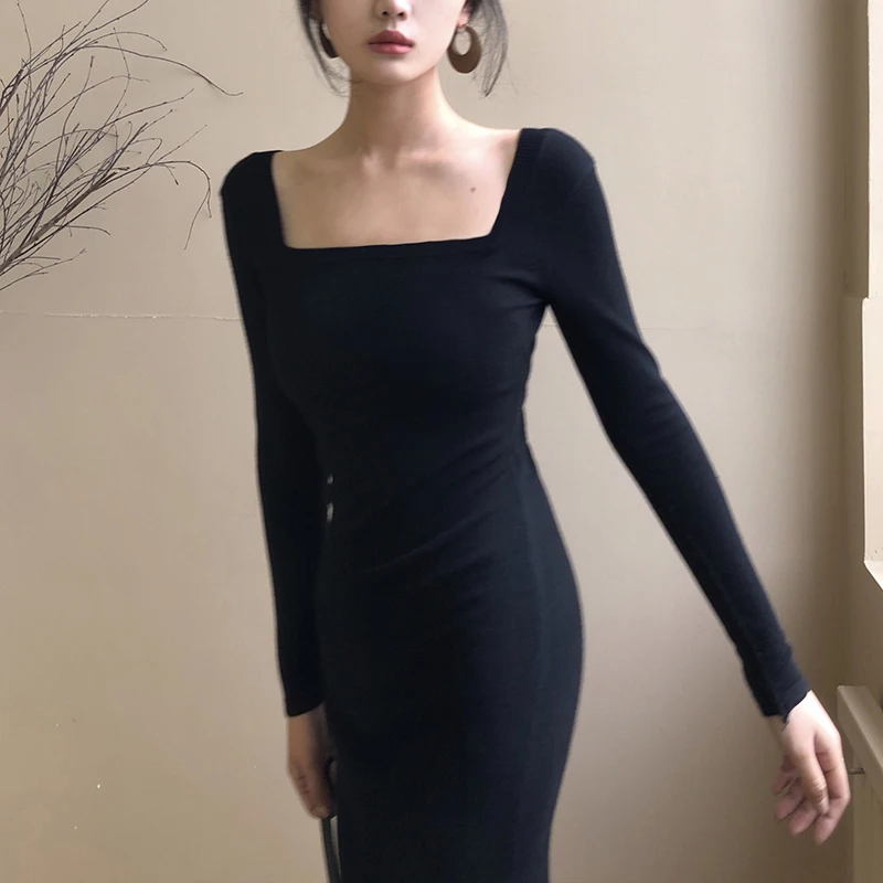 Женское осенне-зимнее черное вязаное облегающее длинное платье с квадратным воротником, винтажная туника, вязаное длинное платье черного цвета