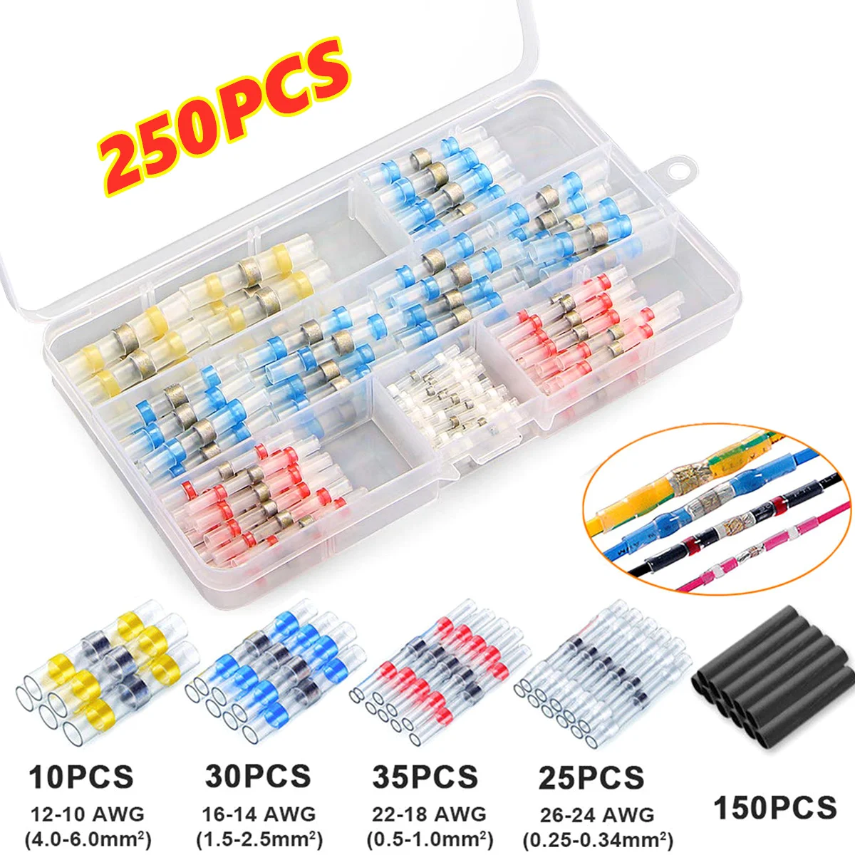 250 шт. ассортимент уплотнений термоусадочные электрические провода соединители припоя рукава водонепроницаемый кабель стыковые клеммы 10-26AWG