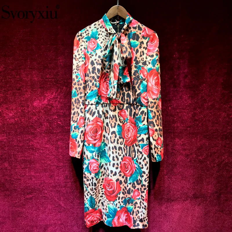 

Svoryxiu Runway Custom Made Spring Summer Leopard Rose Printed Dress Women's Elegant Bow Collar Slim Female Party Midi Dresses