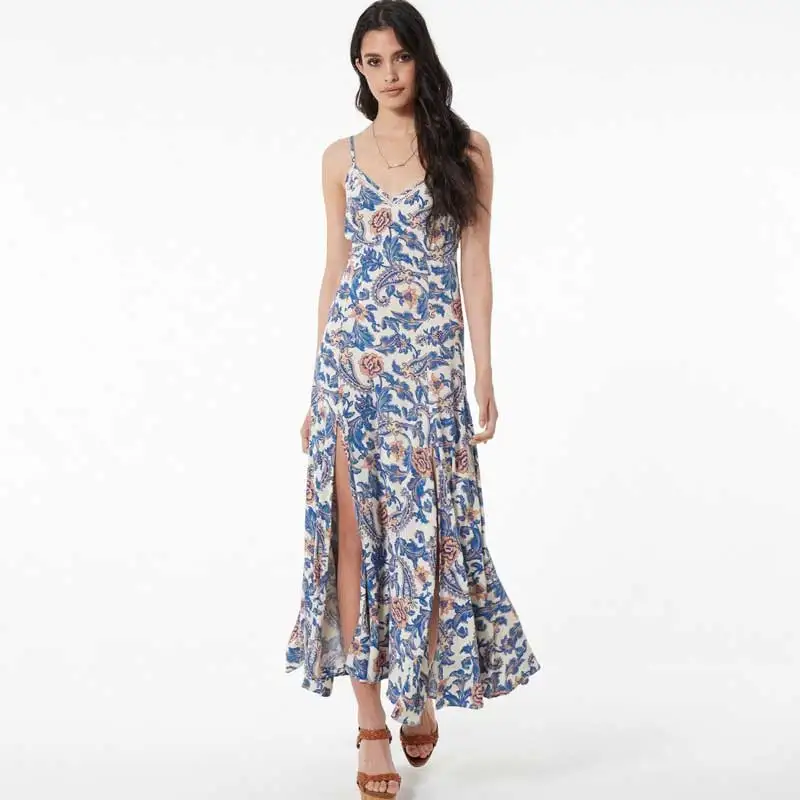 BOHO INSPIRED STRAPPY DRESS blue floral print vintage slit sides long