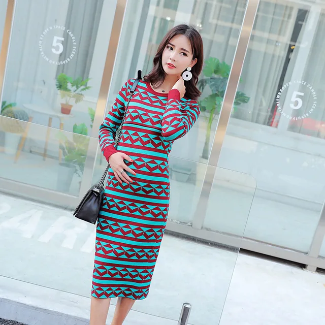 Maternity Dress Autumn And Winter Korean Lactation Sweater Self-cultivation Long Geometry Pattern Long Go Out Lactation Dress