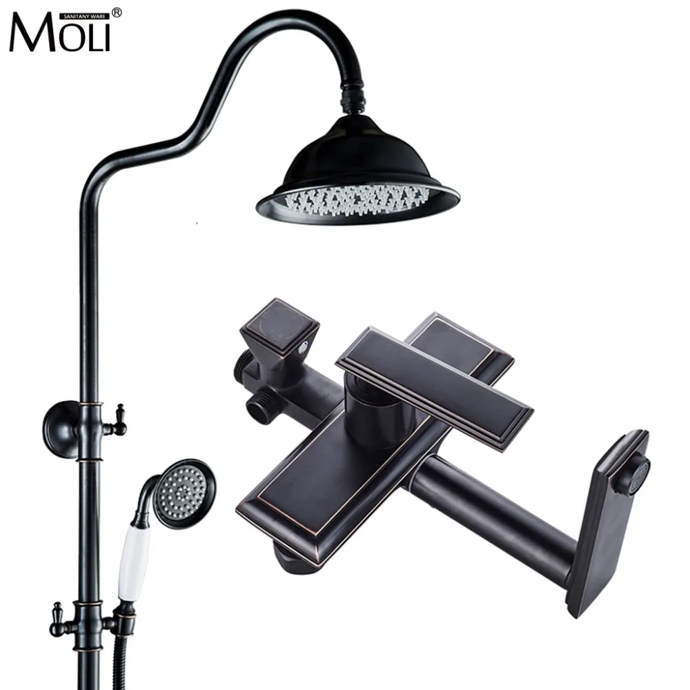 

Black Shower Set Bath Rain Shower Faucets with Hand Shower Oil Rubble Bronze Finished Hot and Cold Water Mixer Set