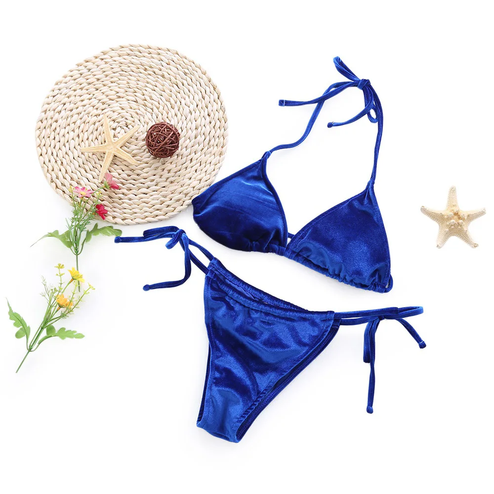 2017 Hot Sale Velvet Women Bikinis Solid Pleuche Bikini Set Biquini Halter Tie String Biquini