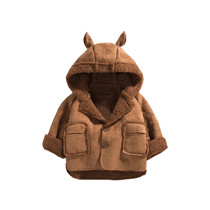 

Cotton Faux Fur Baby Girls Suede Jacket Cartoon bear Hood Cute Warm Toddler Coat Thermal Fall Winter Children warm Clothes