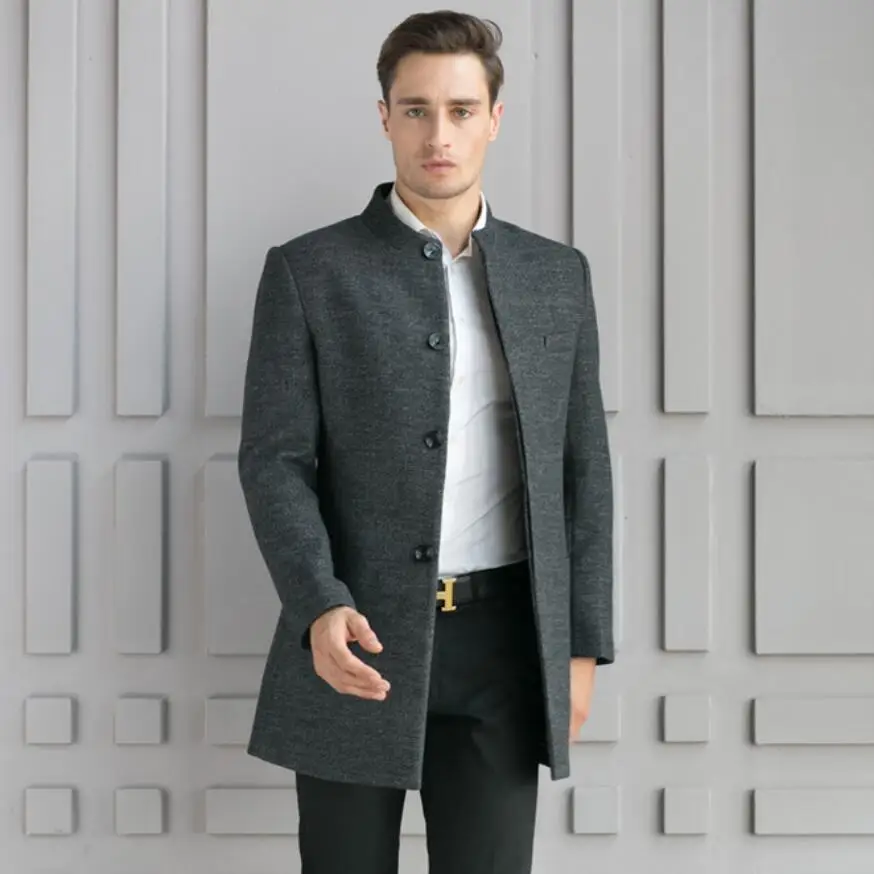 Turtleneck Single Breasted Men Casual Winter Coat Jacket Long Trench
