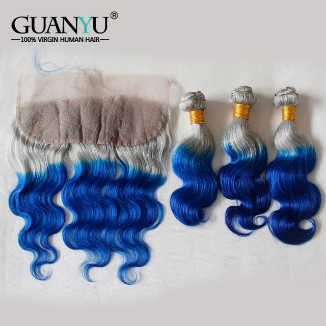 Best Price Guanyuhair Ombre Gray Blue Body Wave 3 Bundles with Frontal Closure 13X4 100% Human Hair Weave Peruvian Remy Hair Extension 