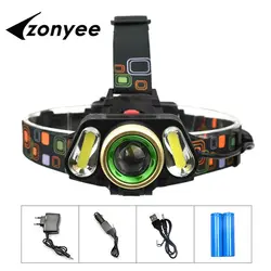 Zonyee 3LED T6 + 2cob светодиодные фары Масштабируемые фар Водонепроницаемый Налобный фонарик Фара Рыбалка Охота свет