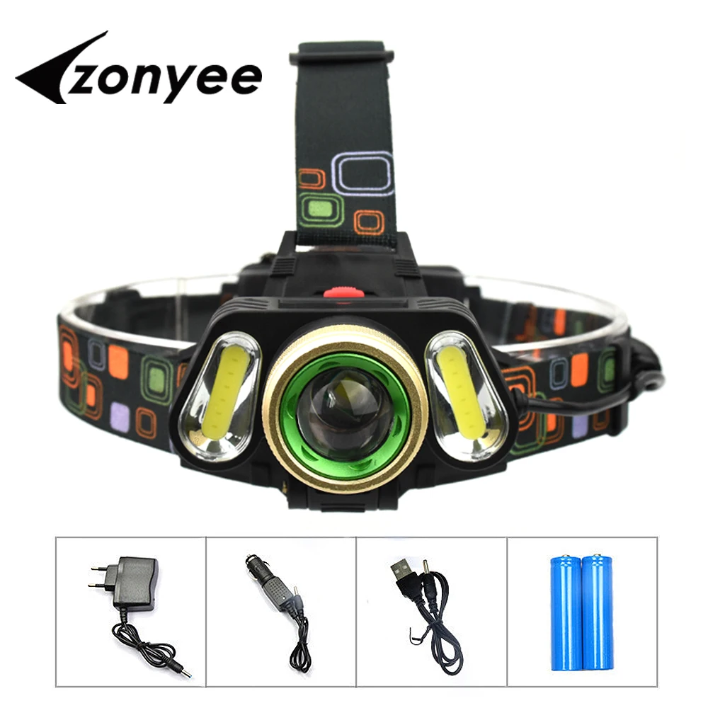 

Zonyee 3LED T6 + 2COB Led Headlamp Zoomable Headlight Waterproof Head Torch flashlight Head lamp Fishing Hunting Light