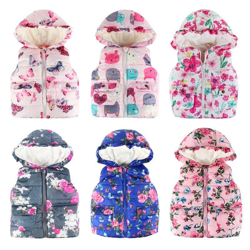 Girls Gilet Fashion Autumn and Winter Flower Hooded Vest Waistcoat butterfly Cartoon Printed Girls Sleeveless Jacket Coats