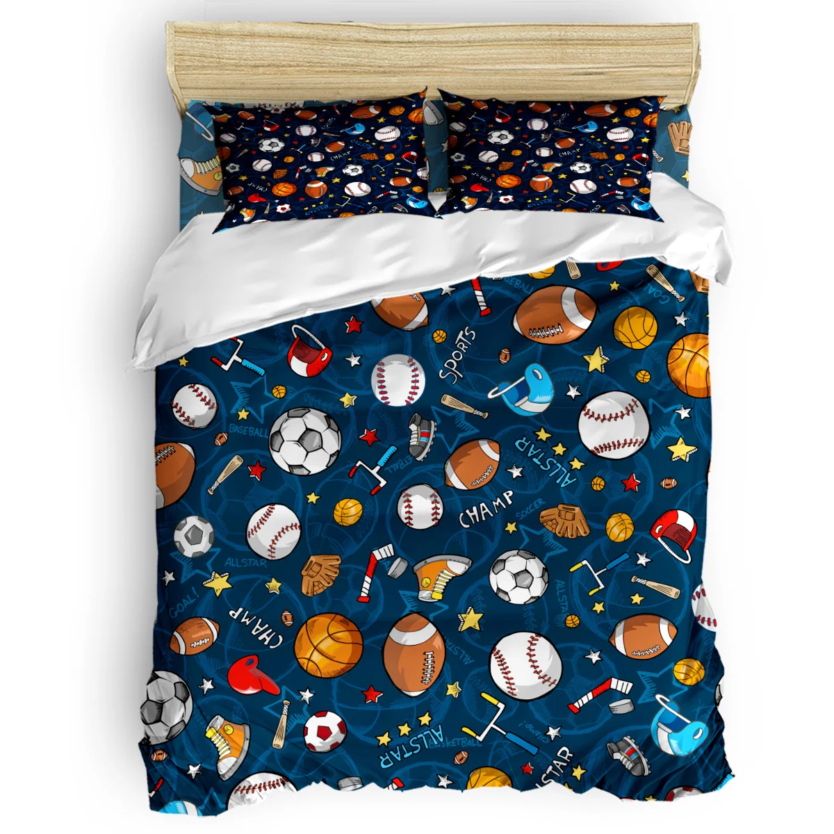 

Doodle Decor Duvet Cover Set Cute Cartoon Funny Design Basketball Rugby Baseball Football Print 4 Piece Bedding Set Twin Quee